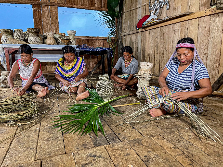 Grupo de mujeres chachi tejiendo
